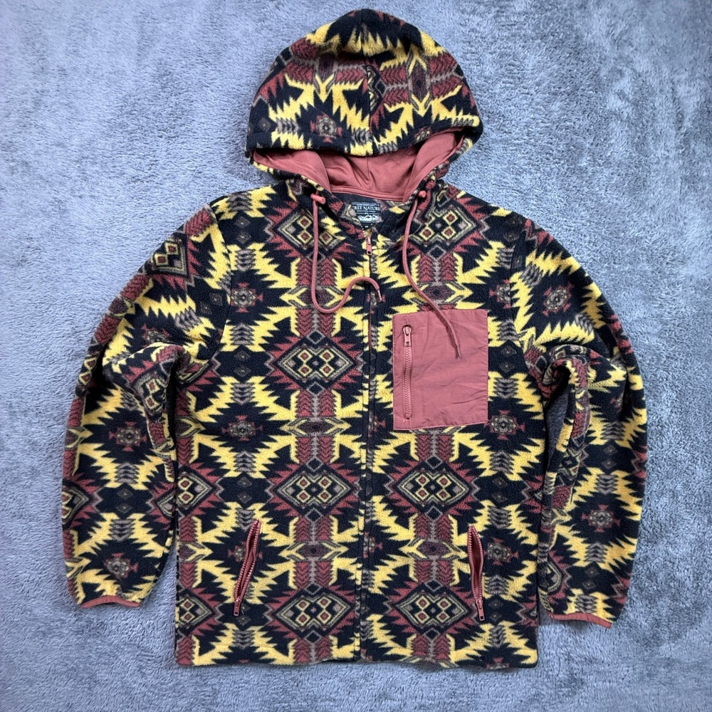 Free Nature Fleece Hoodie Mens M Red Yellow Excellent Aztec Southwestern Zip Up